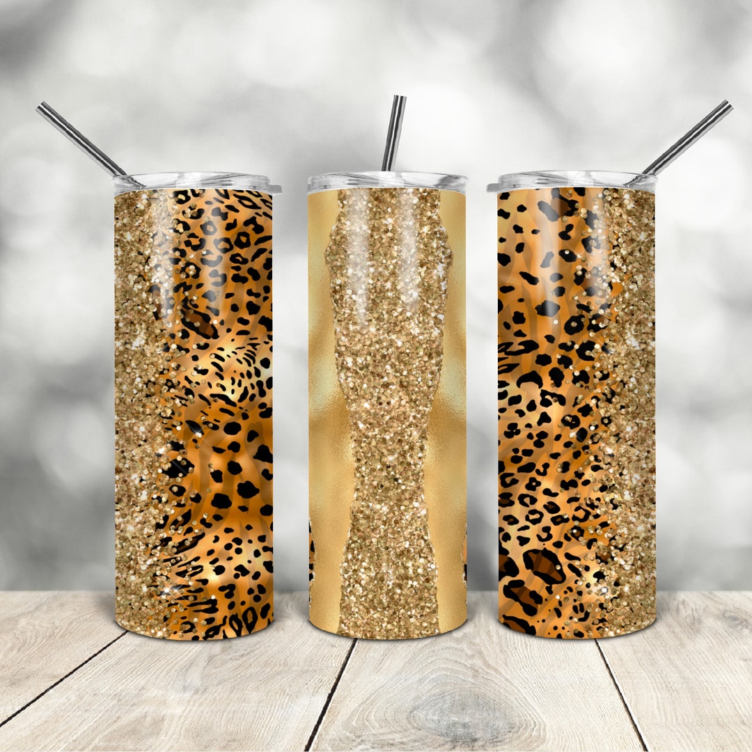 20 Oz Skinny Tumbler Leopard Gold Glitter Wrap Tapered Straight ...