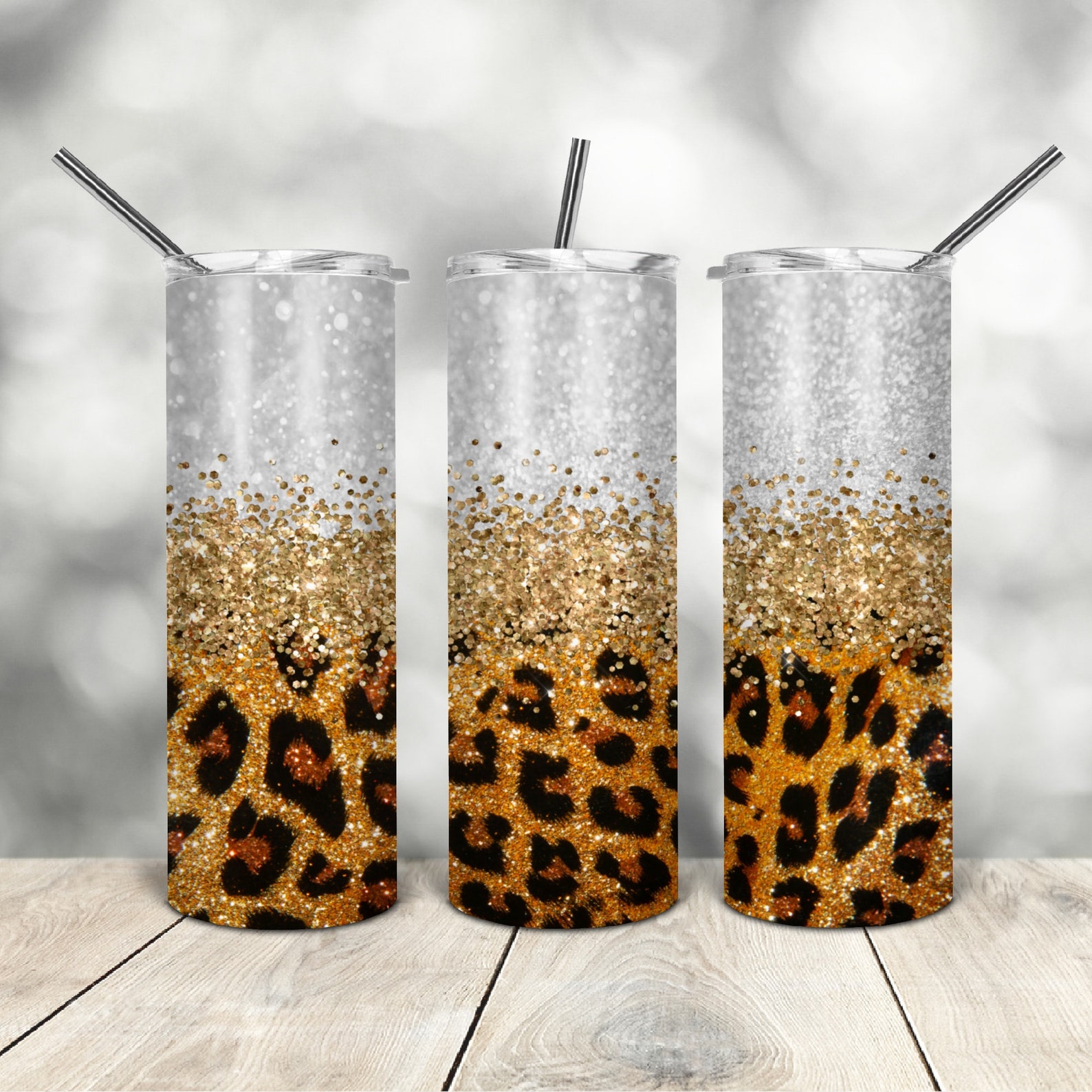 20 Oz Skinny Tumbler Gold Glitter Leopard Wrap Tapered Straight ...
