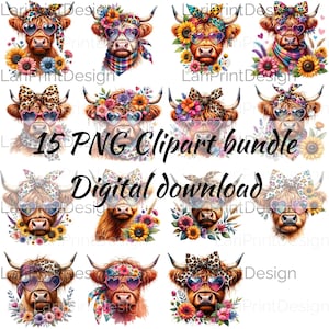 Paquete de 15 imágenes prediseñadas de vacas de las tierras altas con gafas de sol en forma de corazón, pañuelo y flores de colores: diseño de sublimación de descarga instantánea