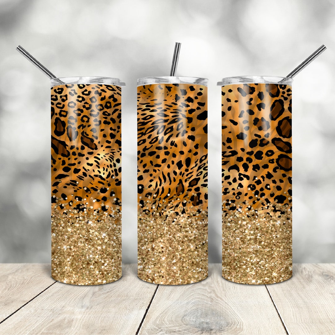 20 Oz Skinny Tumbler Leopard Gold Glitter Wrap Tapered Straight ...