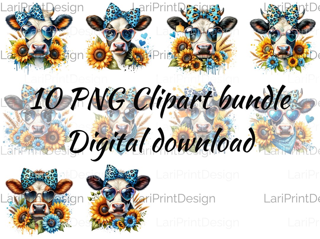 10 Png Clipart Bundle Whimsical Cow Head Clipart With Blue Leopard Bow ...