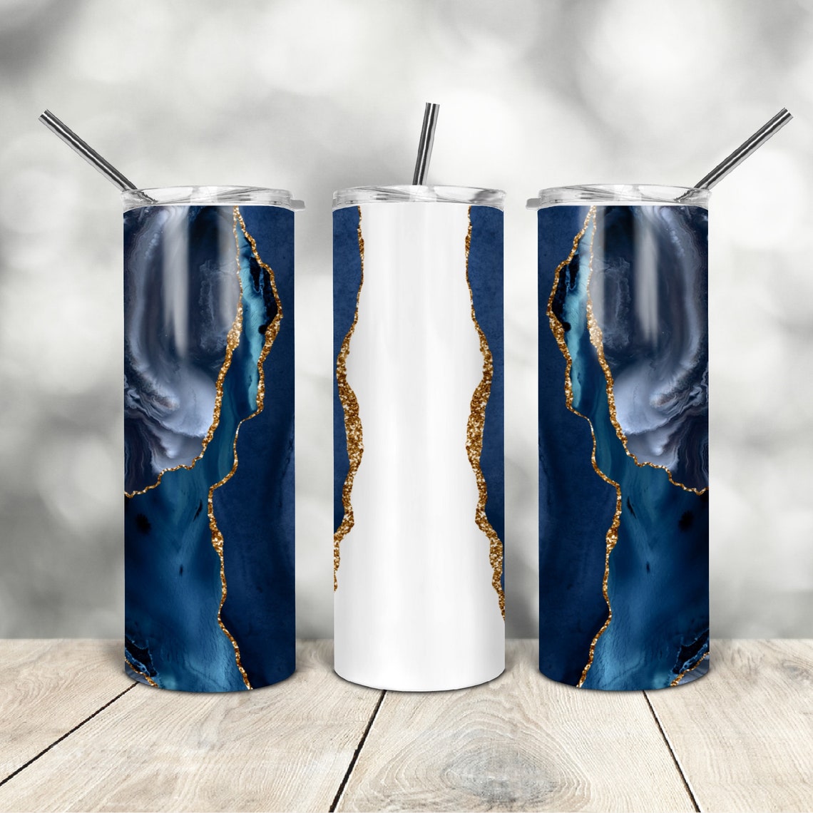20 Oz Skinny Tumbler Blue Gold Agate Wrap Tapered Straight - Etsy