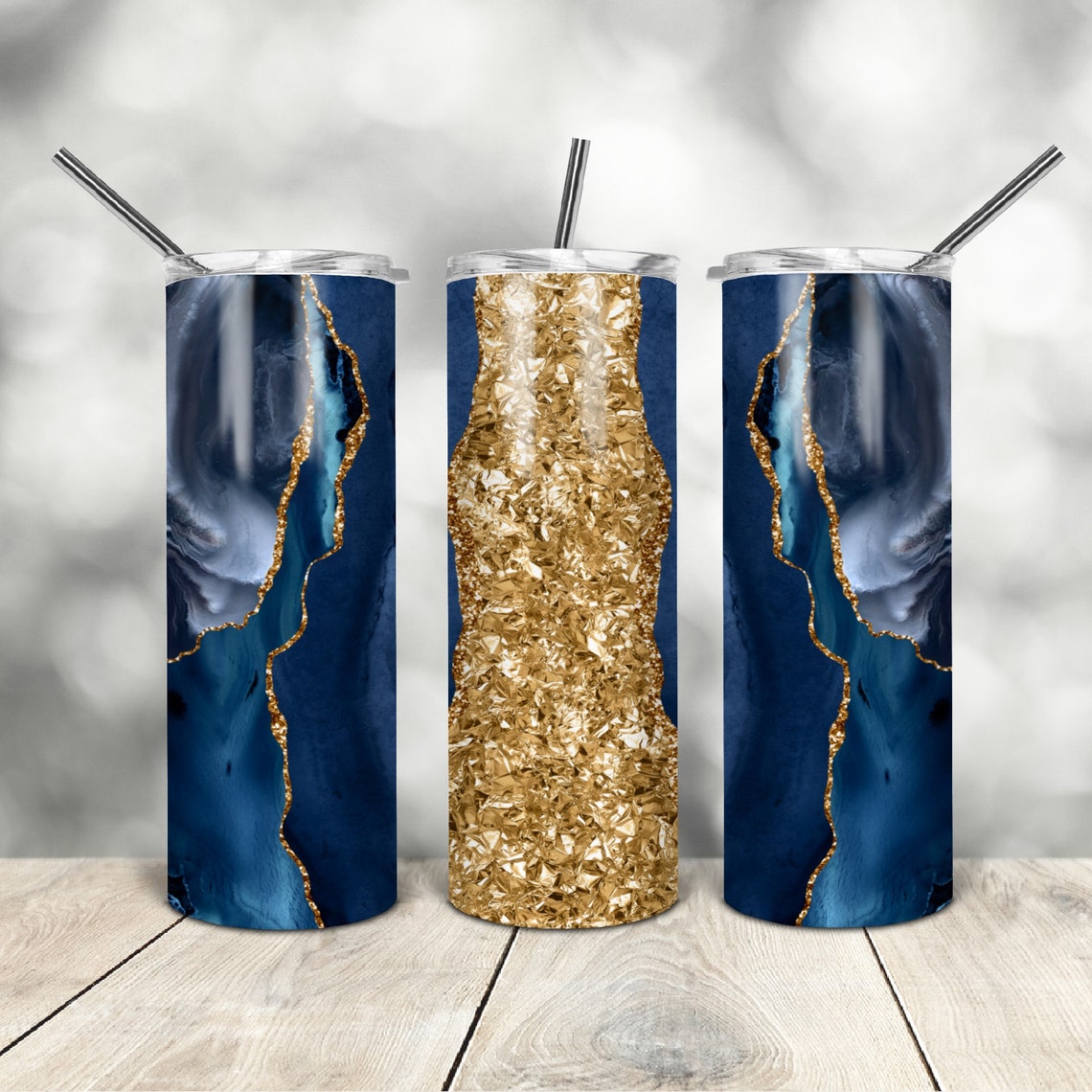 20 Oz Skinny Tumbler Blue Gold Agate Wrap Tapered Straight - Etsy