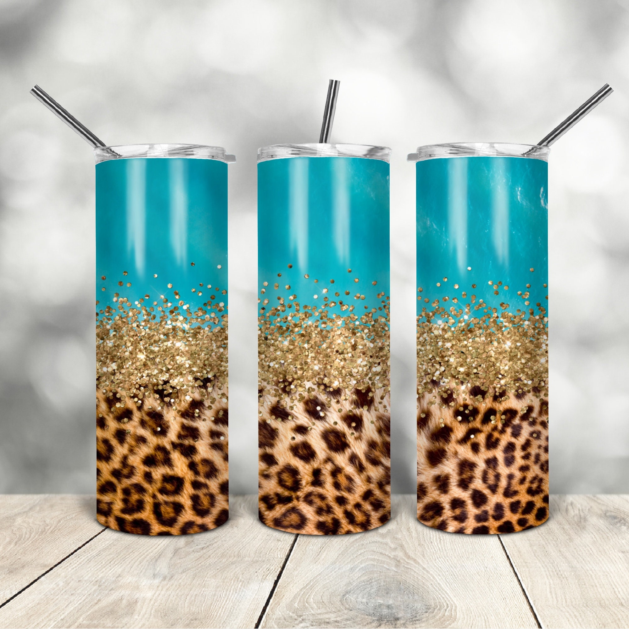 20 Oz Skinny Tumbler Leopard Gold Glitter Wrap Tapered Straight ...