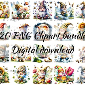 May include: A digital download of 20 PNG clipart images featuring gnomes in various settings. The gnomes are depicted with wings, hats, and other accessories. The images are ideal for crafting, scrapbooking, and other creative projects.