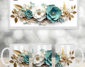 3D 11 Oz & 15 Oz teal white gold floral mug wrap template digital download sublimation graphics instant download sublimation png