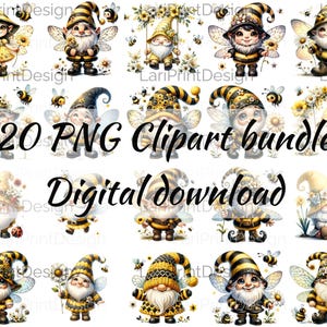 Paquete de 20 imágenes prediseñadas de hada y abeja caprichosa: personaje amarillo alegre con vestido floral y alas delicadas para descarga instantánea
