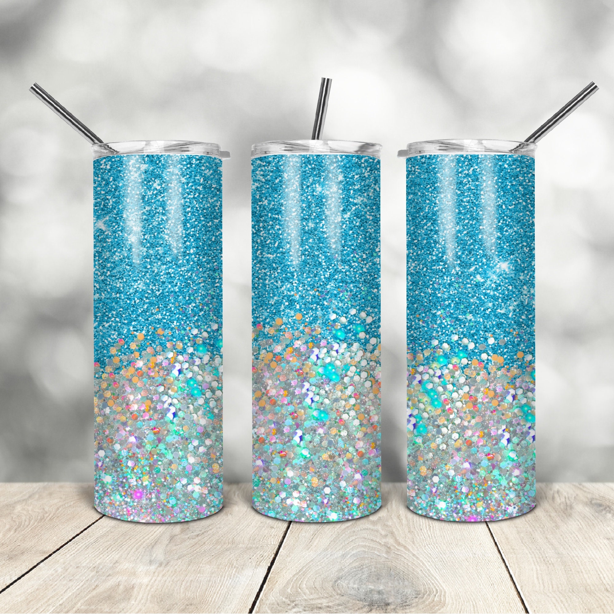 20 Oz Skinny Tumbler Blue Glitter Wrap Tapered Straight - Etsy