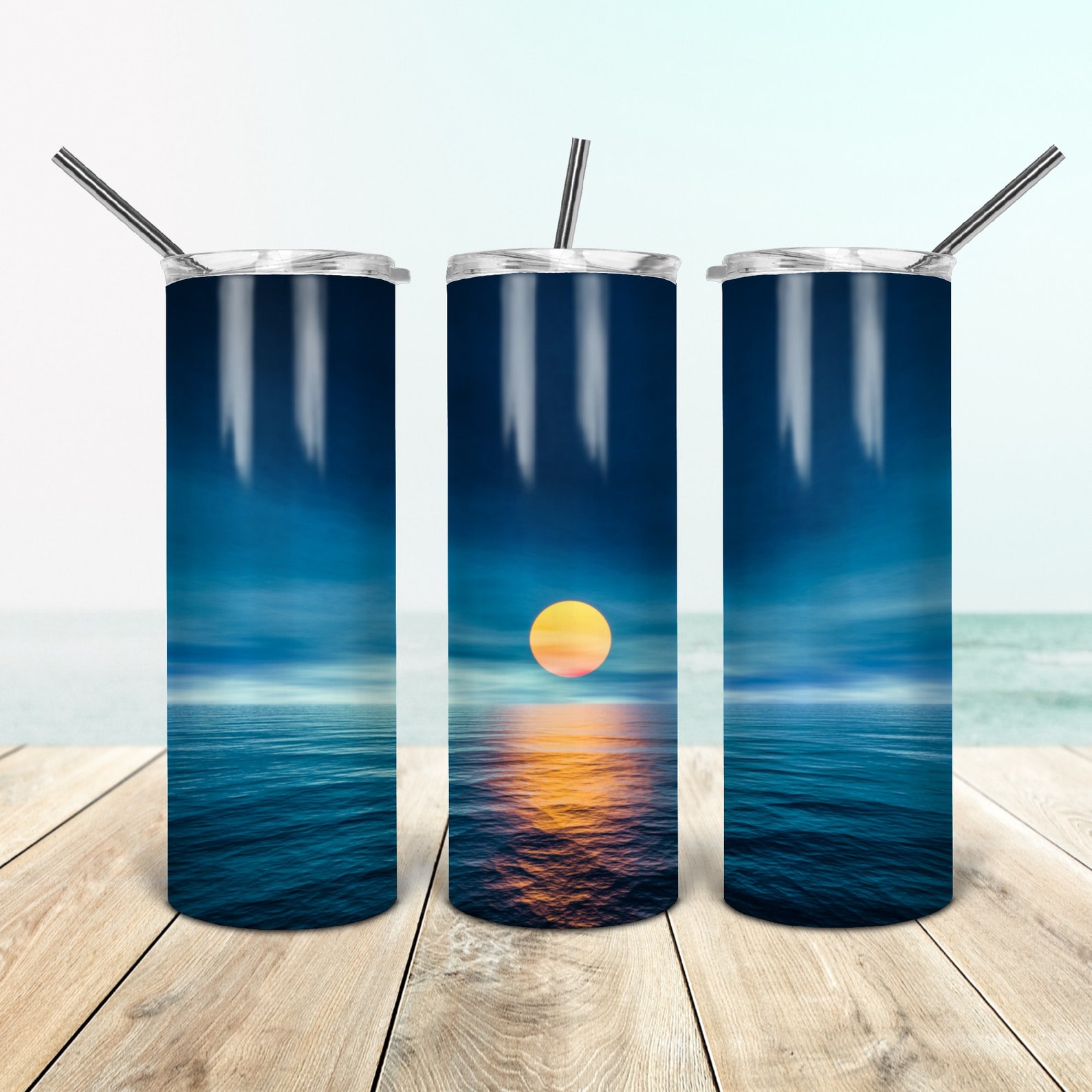 20 Oz Skinny Tumbler Blue Beach Sunset Wrap Tapered Straight Template ...