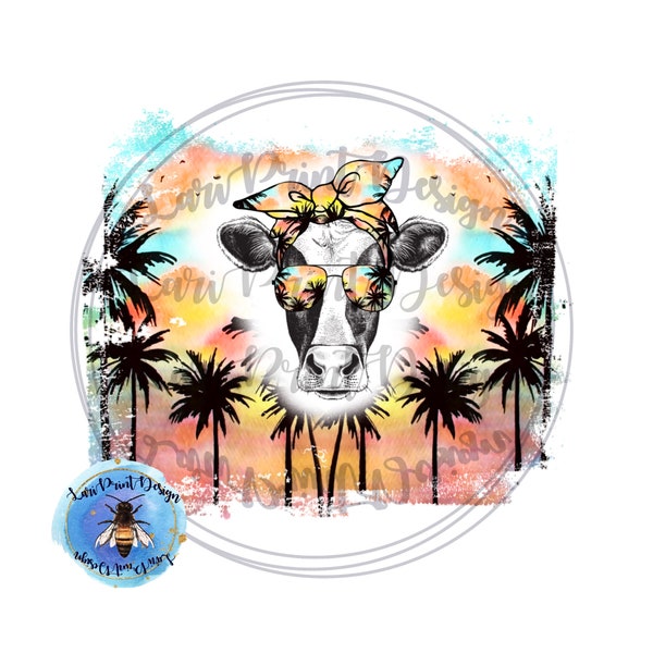 Beach cow sublimation design digital download sublimation graphics png instant download clipart hand draw watercolor sublimation files