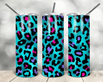 Vaso delgado de 20 oz con estampado de leopardo azul, cónico, recto, plantilla de descarga digital, gráficos de sublimación, descarga instantánea, sublimación