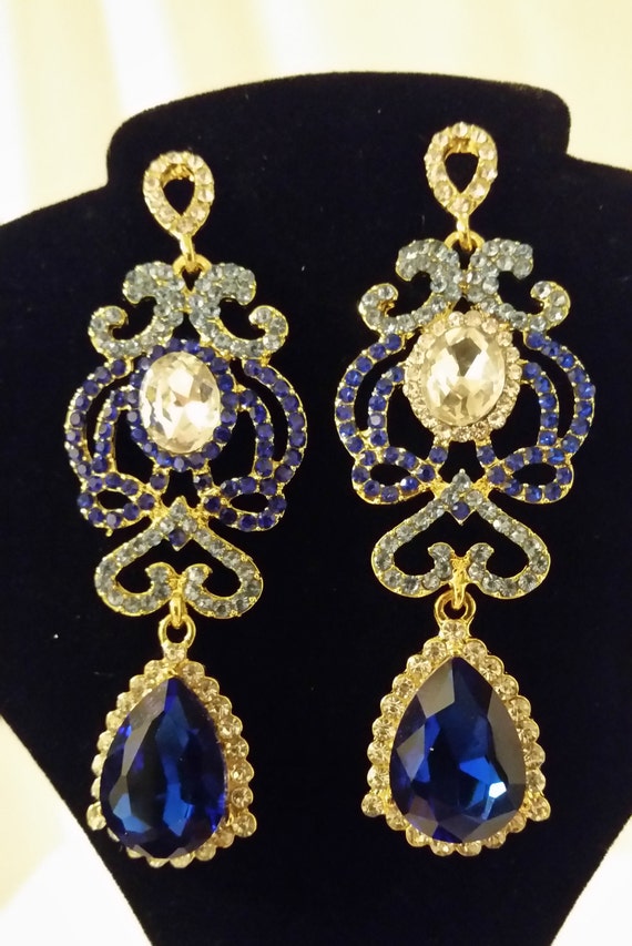 Stunning Gold Tone Blue and Clear Rhinestone Earr… - image 1