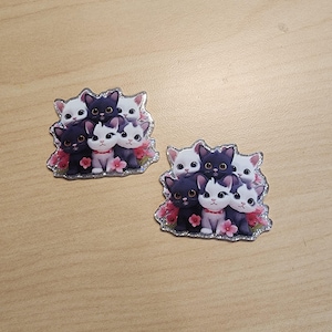 May include: Two sets of cute cartoon kittens with black and white fur, surrounded by pink flowers. The kittens are arranged in a stack, with the smallest kitten on top. The image is printed on a clear, shiny surface.