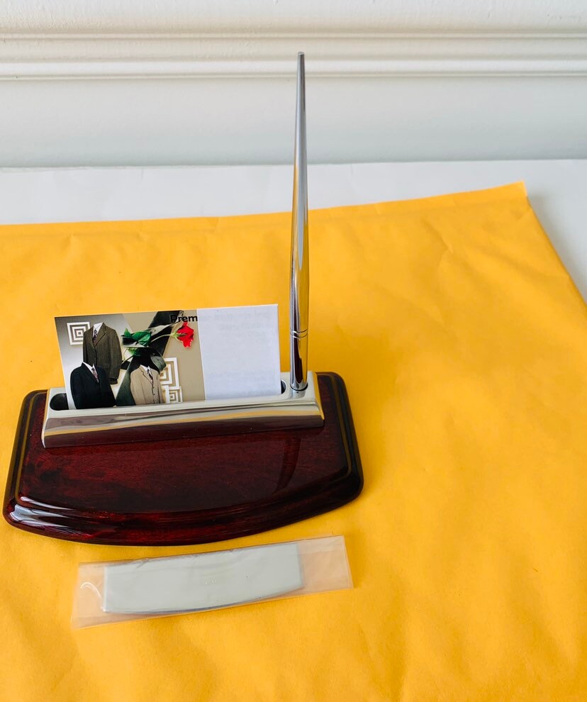 Desktop Business Card Pen Holder With Pen Mahogany Wood Etsy