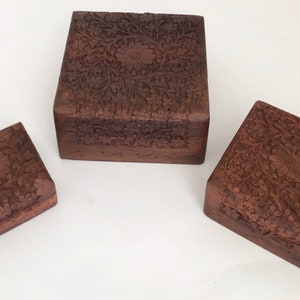 Set Of 3 Hand Carved Wooden Jewelry Box - Trinket Box - Tarot Card Box - Keepsake