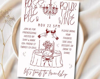 Invitación para la cena de Acción de Gracias entre amigos, ¡Que corra el pastel y sirvan el vino!, Cena de otoño (Descarga digital)