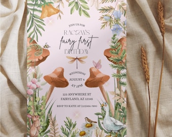 Fairy First Birthday Invitation Template | Enchanted Fairy Garden 1st Birthday Invite | Editable Girl First Birthday Party Digital Download