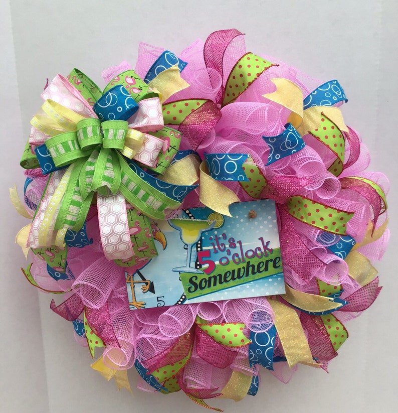 Interior Exterior Wreath Welcome Pink Green Summer Front Door Deco Wreaths Five O\u2019clock Somewhere Flamingo Wreath Doodlebug Designs