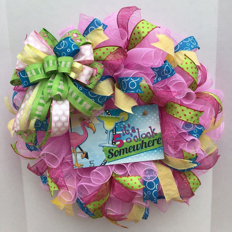 Interior Exterior Wreath Welcome Pink Green Summer Front Door Deco Wreaths Five O\u2019clock Somewhere Flamingo Wreath Doodlebug Designs