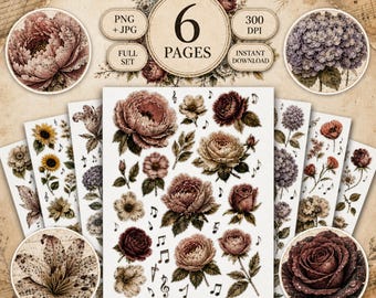Fussy Cut Collection,Music Archive, Vintage Floral PNG Bundle, Junk Journal Ephemera, Printable Flowers