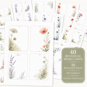 Puede incluir: Una colección de tarjetas de notas imprimibles con ilustraciones botánicas en acuarela de lavanda, amapolas y flores silvestres. Cada tarjeta rectangular incluye espacio para escribir con líneas y bordes florales. El texto superpuesto dice 40 BOTANICAL MEMO CARDS, 10 PRINTABLE PAGES, JPG FORMAT, INSTANT DOWNLOAD.