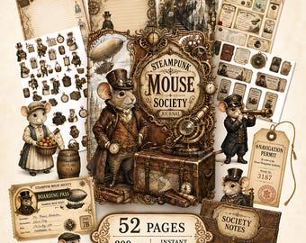 Steampunk Mouse Junk Journal Kit, Printable Ephemera Pack, Watercolor Style (Digital Download)