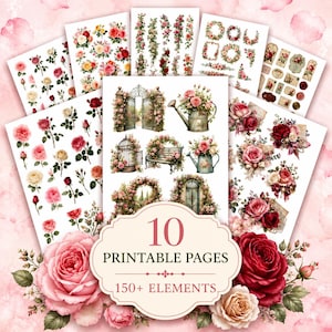 Rose Fussy Cuts Printable, Vintage Rose Ephemera, Floral Junk Journal Elements, Cottage Garden Scrapbook Kit, 150+ PNG