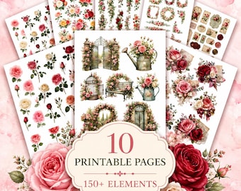 Rose Fussy Cuts Printable, Vintage Rose Ephemera, Floral Junk Journal Elements, Cottage Garden Scrapbook Kit, 150+ PNG