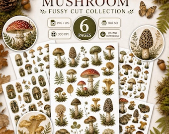 Fussy Cuts, Mushroom Pngs, Printable Fussy Cuts, Junk Journal Printable, Journal Kit, Mushroom, JPG, Junk Journal Instand Download