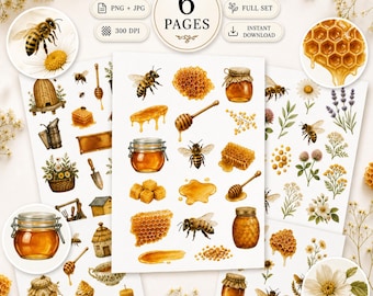 Bees & Honey Archive Fussy Cuts, Junk Journal Printable, Honey Bee Ephemera, Vintage Botanical Elements, 6 Pages, Instant Download
