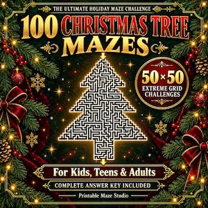 Peut inclure: Une couverture de livre intitulée 100 Christmas Tree Mazes, The Ultimate Holiday Maze Challenge. Elle présente un labyrinthe doré brillant en forme de sapin de Noël, entouré de branches de pin, de nœuds rouges et de baies. Texte : 50x50 Extreme Grid Challenges.