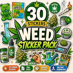 May include: A collection of 30 weed-themed stickers with various designs, including a gummy bear, cannabis leaves, bongs, and pre-rolls. The stickers feature vibrant colors and the text "WEED STICKER PACK".