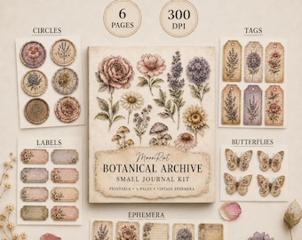 Junk Journal Kit, Botanical Archive Vintage Floral Ephemera, Fussy Cuts, ATC Cards, Tickets, Labels, Printable Kit