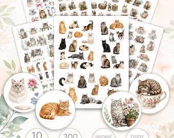 Watercolor Cat Fussy Cuts Printable, 10 Page Cat Ephemera Pack, Cat Junk Journal Kit, Cute Cat Clipart, Instant Download