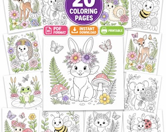 Cute Animal Coloring Pages, Kids Coloring Book PDF, 20 Printable Coloring Sheets, Woodland Animals, Easy Coloring Pages, Instant Download