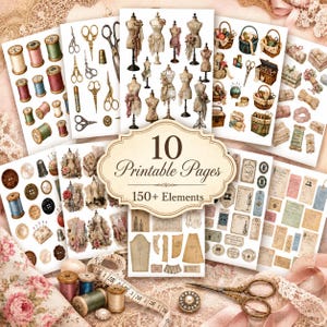 Op de afbeelding: Een verzameling van 10 printbare pagina's met meer dan 150 naaielementen in vintage-stijl, waaronder paspoppen, klossen garen, scharen, knopen, mandjes en papieren labels, allemaal weergegeven op een crèmekleurige achtergrond met tekst.