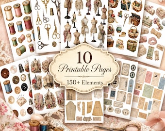 Vintage Sewing Room Fussy Cuts, Sewing Ephemera Printable, Dress Forms, Lace, Fabric Labels, Junk Journal Kit 10 Pages
