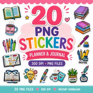 Może przedstawiać: Cyfrowa kolekcja 20 naklejek PNG z kolorowymi ilustracjami książek, dzienników, długopisów, kałamarzy, kubków do kawy, żarówek i roślin doniczkowych. Tekst głosi 20 PNG STICKERS PLANNER & JOURNAL 300 DPI PNG FILES.