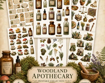Apothecary Ephemera, Mushroom Fussy Cuts, Herbal Bottles, Botanical Labels, Printable Junk Journal Kit