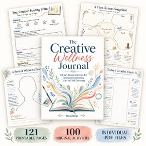 May include: The Creative Wellness Journal with 100 art-based activities for emotional expression, calm, and self-discovery. The cover features an open book with colorful watercolor illustrations, a paintbrush, and paint palette. Four activity pages surround the journal, including Your Creative Starting Point, A Five-Senses Snapshot, A Portrait Without a Face, and Today's Creative Check-In. Text at the bottom indicates 121 printable pages, 100 original activities, and individual PDF files.