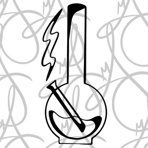 Puede incluir: Ilustración en blanco y negro de una pipa de agua, con una base redondeada y un cuello largo y cilíndrico. Un tallo curvo se extiende hacia la base, y humo estilizado se eleva desde la parte superior. El fondo tiene un patrón repetitivo de remolinos grises.