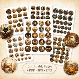 Op de afbeelding: Zes printbare pagina's met cirkelvormige ontwerpen met Halloween-thema's, waaronder geesten, zwarte katten, pompoenen en herfstbladeren. De tekst 6 Printable Pages PDF JPG PNG staat onderaan. Deze digitale vellen bevatten diverse illustraties van griezelige figuren en seizoensdecoratie.