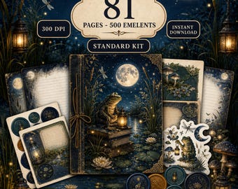 Junk Journal Kit, Night Marsh, Frog Junk Journal Printable, Moonlit Ephemera, 81 Page, 500 Elements, Vintage Journal Kit Download