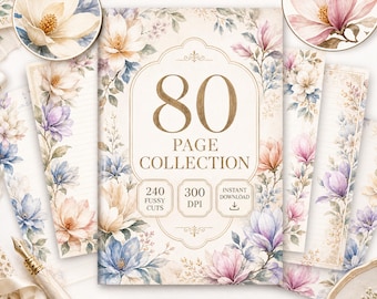 Magnolia Journal Kit, 80 Printable Pages, 240 Fussy Cuts, Watercolor Journal Pages, Floral Ephemera, Junk Journal, Printable Writing Pages