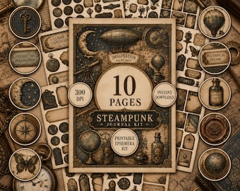 Junk Journal Kit, Steampunk Inventor Ephemera Pack, Printable Cards, Wax Seals, Fussy Cuts, Labels, Tickets, Tabs, Circles, Digital Download