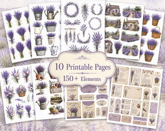 Lavender Farm Fussy Cuts Printable, Lavender Ephemera, Cottage Garden Flowers, Farmhouse Junk Journal Kit 10 Pages