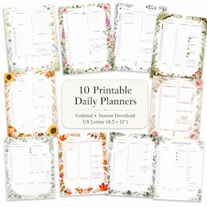 Könnte beinhalten: Eine Sammlung von zehn druckbaren Tagesplaner-Seiten, jede mit einzigartigen botanischen Rändern wie Wildblumen, Herbstblättern, Pilzen und Rosen. Der zentrale Text lautet 10 Printable Daily Planners, Undated, Instant Download, US Letter 8.5 x 11 inches.