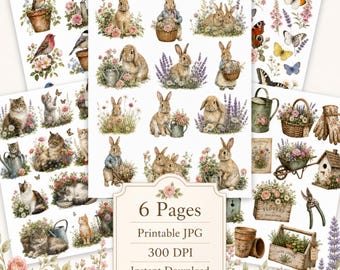 Cottage Garden Fussy Cuts, Rabbits Cats Butterflies Birds, Floral Scrapbook Ephemera, 6 JPG Pages, Printable Journal Kit