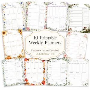 Puede incluir: Una colección de diez planificadores semanales imprimibles en papel de 21,6 x 27,9 cm, cada uno con bordes botánicos, florales o estacionales. El texto central dice 10 Printable Weekly Planners, Undated, Instant Download, US Letter (8.5 x 11).