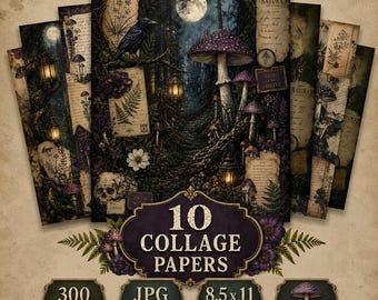 Digital Paper, Dark Gothic Mushroom Forest, 10 Printable Junk Journal Pages, Gothic Woodland Digital Paper, Mushroom Ephemera JPG